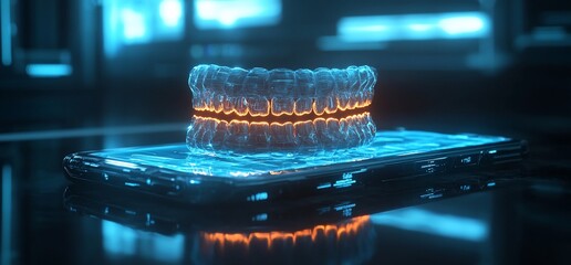 Poster - A futuristic dental aligner displayed on a glowing smartphone.