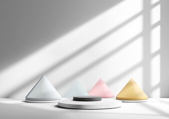 Poster - Minimalist product display with colorful cones on white platform against bright window light.