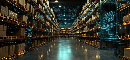 Poster - A futuristic warehouse filled with neatly stacked boxes and digital elements.