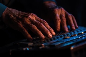 Aufkleber - Close-up of weathered hands playing a steel guitar.