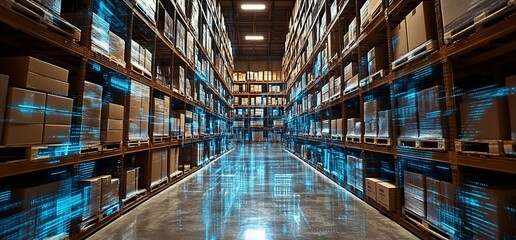 Poster - A futuristic warehouse with digital overlays illustrating inventory management.