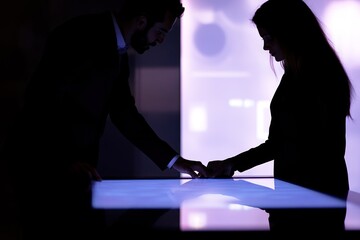 Aufkleber - Silhouetted business colleagues collaborating on a large interactive touchscreen display in a dark room.