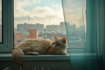 Wall Mural - Fluffy ginger cat relaxing on windowsill, overlooking city.