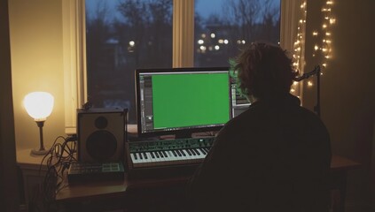 Aufkleber - Person working on computer at night in home studio.