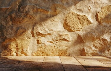 Aufkleber - Rustic wooden surface against a sunlit stone wall background.