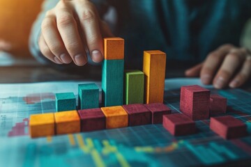 Leinwandbilder - Close-up of hands building a colorful bar graph from wooden blocks on a financial chart.
