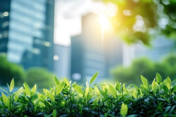 Aufkleber - Lush green foliage in foreground with blurred cityscape and sunlight background.
