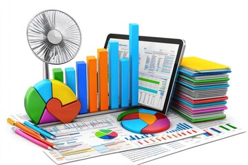 Aufkleber - Colorful charts, tablet, fan, and documents on desk.