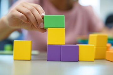 Poster - Close-up of a hand placing a green block onto a stack of colorful blocks.