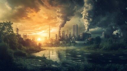 A manufacturing plant surrounded by extreme weather, highlighting the challenges industries face due to climate change