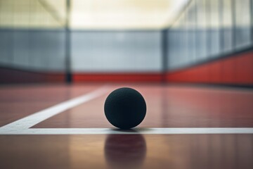 Wall Mural - Close-up of a black ball on a red indoor court.