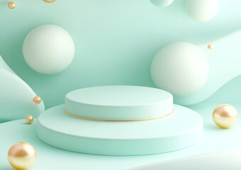 Leinwandbilder - Abstract pastel green podium with spheres.