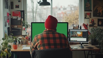 Poster - Person in beanie working at home office with two monitors, one displaying a green screen, the other video editing software.
