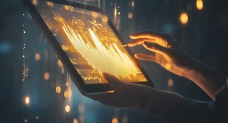 Leinwandbilder - Hands using tablet showing financial data charts and graphs.
