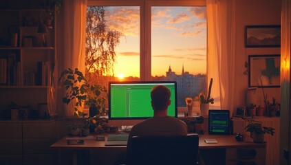 Aufkleber - Person working at home office desk facing sunset view from window.