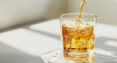 Poster - Golden liquid pouring into a glass on a white surface, illuminated by sunlight.
