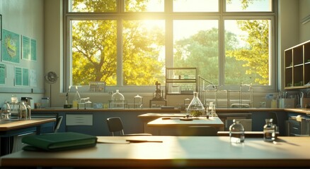 Poster - Sunlit science lab with glassware, desks, and foliage-filled window.