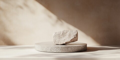 Fototapete - Light beige stone on a marble podium against a neutral background.