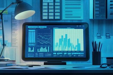 Poster - Night desk with computer displaying data graphs and charts.