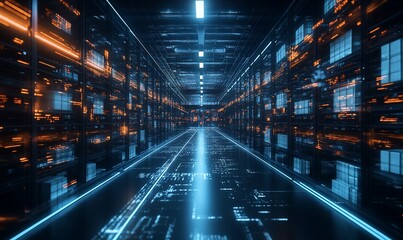Poster - Futuristic data center with illuminated pathways and digital elements.