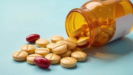 Pills scattered on table. Capsules with medicine next to overturned jar. Yellow and red medicines in close-up. Prevention and treatment of diseases, health care. Banner with copy space