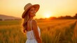 © Studenkova - Young pretty woman in straw hat and white summer dress in field in village. Beautiful smiling female in rays of dawn or sunset. Wonderful moments of life in nature. Portrait