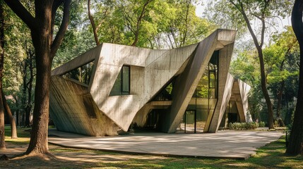 Wall Mural - A unique angular building with jagged, folded concrete walls, set in an urban park surrounded