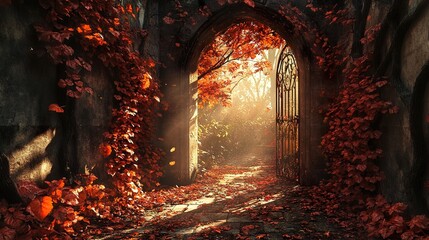 Poster - Autumnal Gate: A Path Through Red Leaves