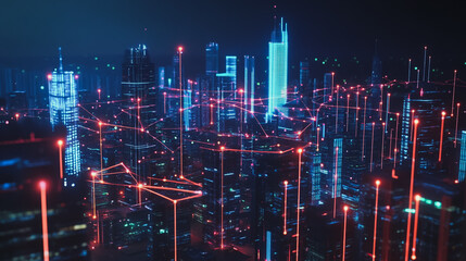 Smart digital Innovation city with connection network reciprocity over the cityscape. of future smart wireless digital city and social media networking systems that connects people with in city