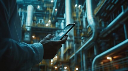 Aufkleber - A person holds a smartphone in an industrial setting, emphasizing technology in operations.