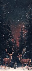 Wall Mural - A minimalist artwork of tall and green dark pine trees winter with the village,3 deers, mulgundy background.