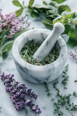 Canvas Print - Marble mortar with herbs