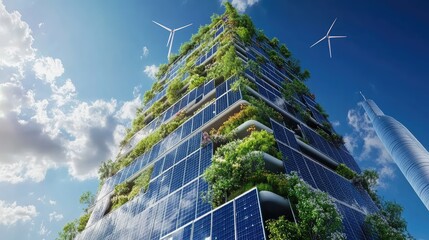 Wall Mural - A zero-energy office tower with mirrored solar panels, wind turbines, and a rooftop garden for insulation and biodiversity