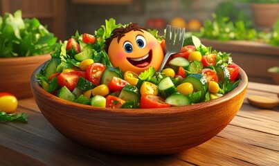 Sticker - A cheerful cartoon character enjoys a vibrant salad in a wooden bowl.