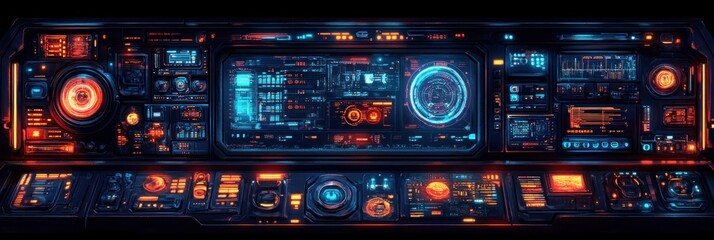 Futuristic spaceship control panel with glowing buttons and digital displays.