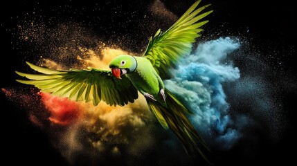 Poster - A vibrant parrot in flight surrounded by colorful powder bursts.