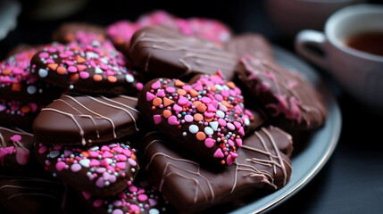 Poster - Plate of Chocolate-Covered Heart-Shaped Cookies with Pink and White Sprinkles 