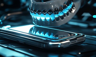 Fototapete - A futuristic scene featuring a robotic skull and a smartphone.