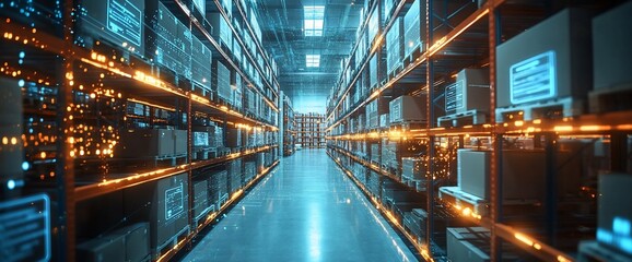 Poster - A modern warehouse interior with illuminated shelves and packages.