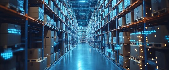 Poster - A modern warehouse with shelves filled with boxes and illuminated pathways.