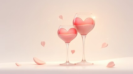 Wall Mural - Two elegant glasses filled with pink liquid, featuring heart shapes, surrounded by delicate rose petals on a soft background.