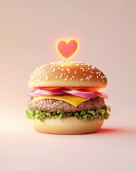 Wall Mural - A vibrant cheeseburger with layers of lettuce, cheese, and ham, topped with a glowing heart symbol, representing love for food.