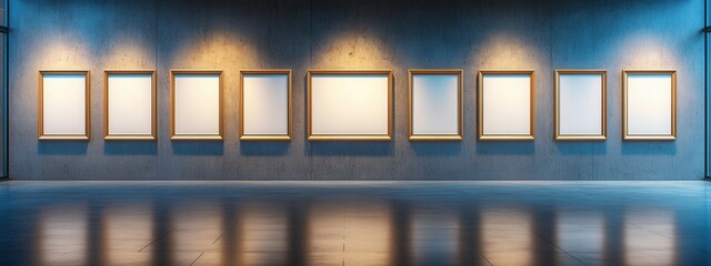 Art exhibition preparation empty frames displayed in modern gallery indoor space artistic environment wide angle view for curators