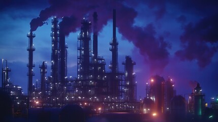 Aufkleber - Industrial complex at dusk, emitting smoke and illuminated by lights.