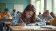 © Alex Pios - student taking a final exam in a bright classroom, with papers, a laptop, and a focused expression
