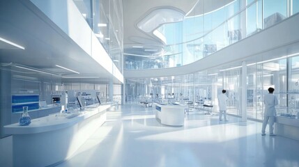 Poster - Modern laboratory interior featuring advanced equipment and researchers in a bright space.