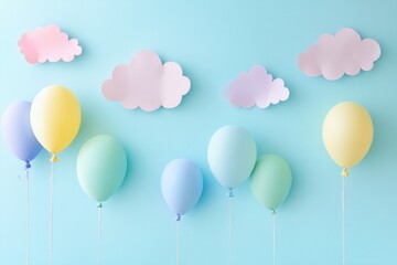 Wall Mural - Playful Balloons and Clouds on a Soft Blue Background