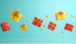 © Lailatul - Floating red and yellow gifts with gold bows and confetti on a light blue background.