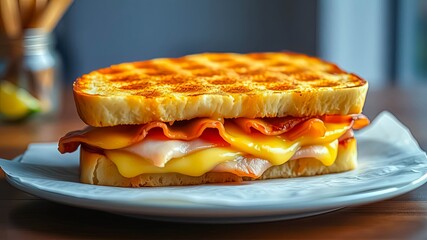 Wall Mural - A Warm Grilled Cheese Sandwich with Melted Cheese, Crispy Bacon, and Sliced Ham on a Plate