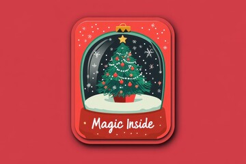 Wall Mural - Snow globe featuring a decorated Christmas tree with a festive background and Magic Inside text